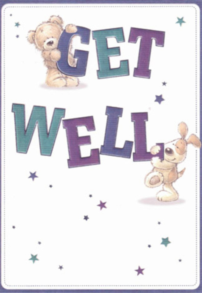 This get well card is imbued with an atmosphere of gentle encouragement, much like the friendly buzz felt in Wandsworth's Battersea Reach or Balham High Road. The scene focuses on a cozy bear and his lively puppy companion, both nestled among bursts of playful stars-each detail a visual wish gently cast into the atmosphere. Their inviting, tactile forms seem almost huggable, the bear's soft fur and the puppy's velvety ears rendered with a care that parallels our careful selection of fresh blooms at Flowers Wandsworth. Big, confident letters shaded in purple and aqua anchor the composition, conveying both strength and warmth, and the pristine background offers cleanliness and light-qualities cherished when health is in question. Imagine pairing this card with a bouquet curated in Wandsworth, delivered to a friend along St John's Hill; the dual gesture becomes a beacon of positivity and care. This airy, cheerful illustration is tailored for all ages-radiating heart and hope, and reflecting the same community spirit found across Wandsworth's parks and neighbourhoods.